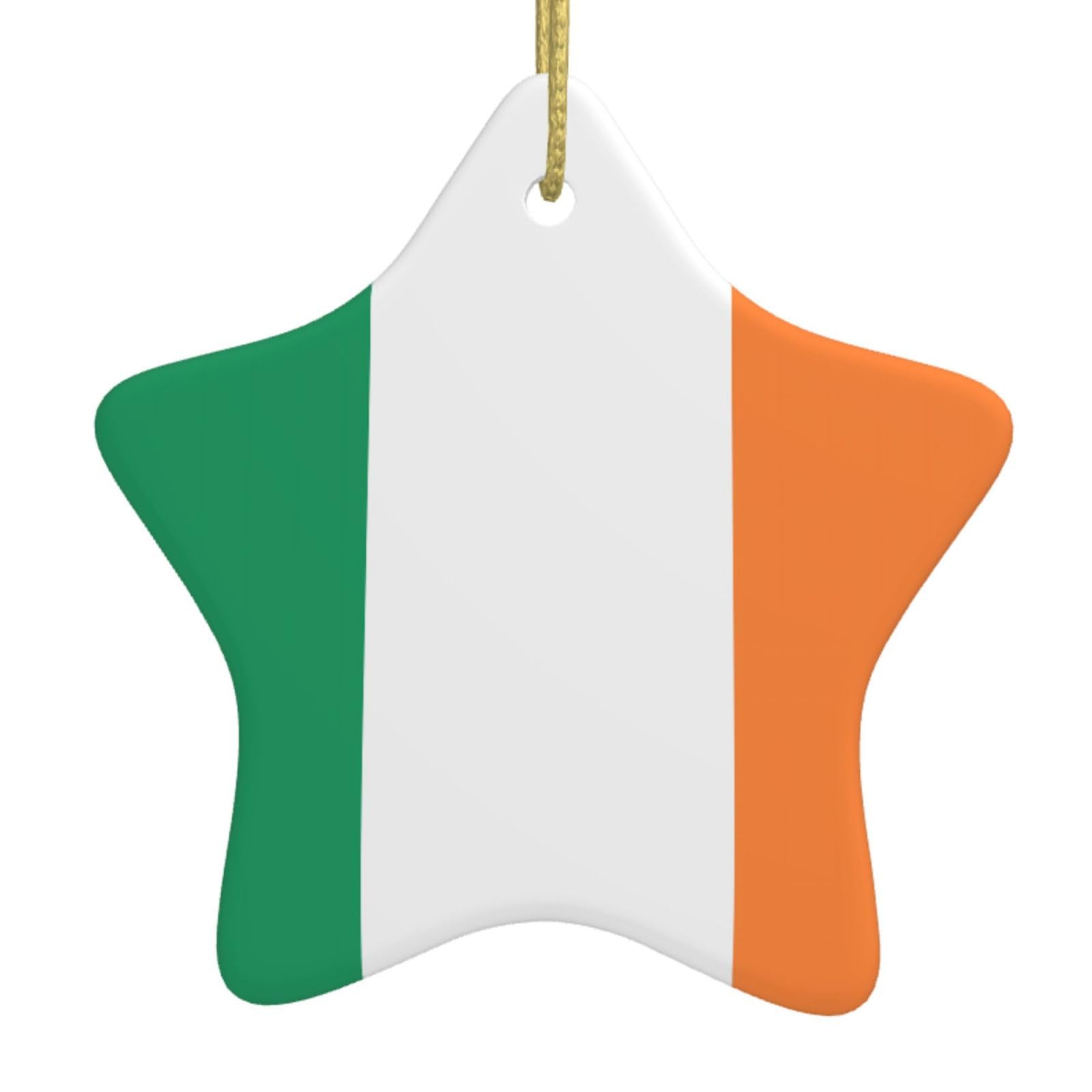 Irish Flag Christmas Ceramic Star Pendant with Punched Holes and Gold Wire Rope, Christmas Tree Home Decoration