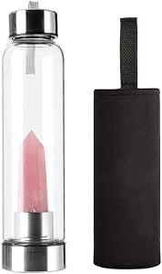 Fxqlove Crystal Water Bottle With Bamboo Lid - Rose Quartz & Obsidian Infuser, Glass Gem Water Bottle