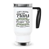 BeeTeeStore Jeremiah 29:11 Christian Travel Mug - Double-Wall Insulated Stainless Steel Coffee Cup with Lid and Handle - Religious Scripture Gift for Men and Women - 14oz Silver