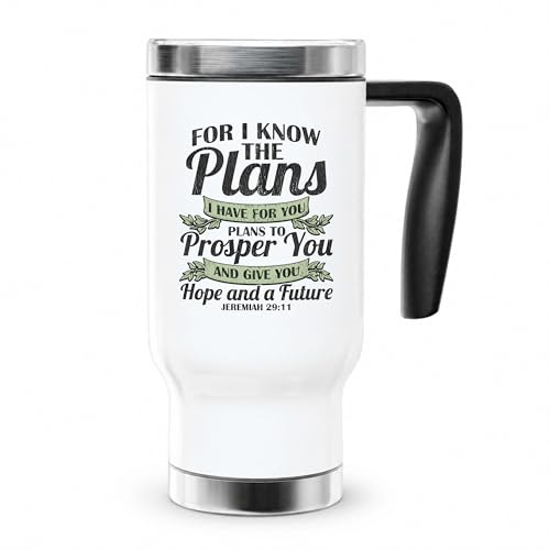 BeeTeeStore Jeremiah 29:11 Christian Travel Mug - Double-Wall Insulated Stainless Steel Coffee Cup with Lid and Handle - Religious Scripture Gift for Men and Women - 14oz Silver