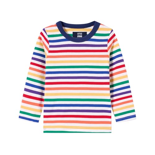 Image of LittleSpring Unisex Kids Long Sleeve Striped Tee Shirt Tagless Crew Neck Cotton T-Shirt