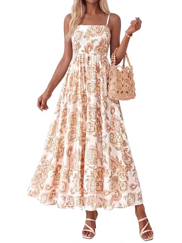 Image of PRETTYGARDEN Women Summer Maxi Dresses 2026 Spaghetti Strap Boho Floral Striped Wedding Guest Beach Vacation Flowy Long Dress(White Khaki Flower,Large)