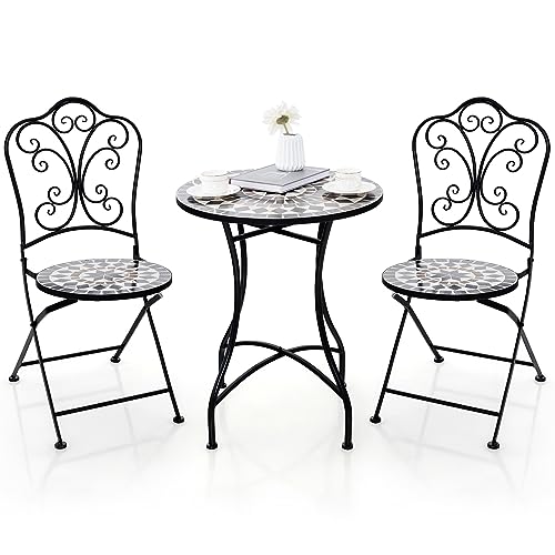 Giantex Bistro Table and Chairs Set of 2, 3 Pieces Mosaic Patio Table with Folding Chairs, Steel Frame, Outdoor Round Patio Furniture Set, Portable for Porch Balcony Garden