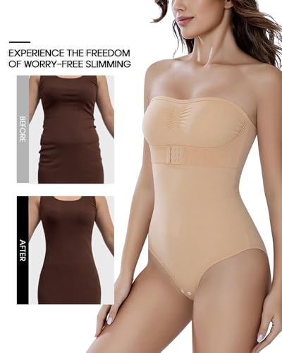 Image of Strapless Faja Bodysuit Shapewear Thong Body shaper for Women Under Dress Strapless Shapewear Tummy Control