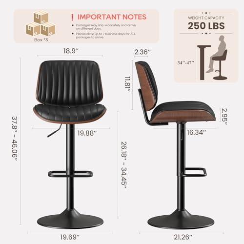 Image of MALOL Bar Stools Set of 6, Adjustable Counter Height Bar Chairs 26 inch-34.5 inch with Swivel & Footrest, Modern Faux Leather Barstools for Kitchen Island, Dining Room,Pub,Black