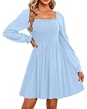 Holipick Women's Light Blue Dress Smocked Square Neck Puff Long Sleeve Easter Cute Junior Short Flowy Aline Fall Dresses 2025