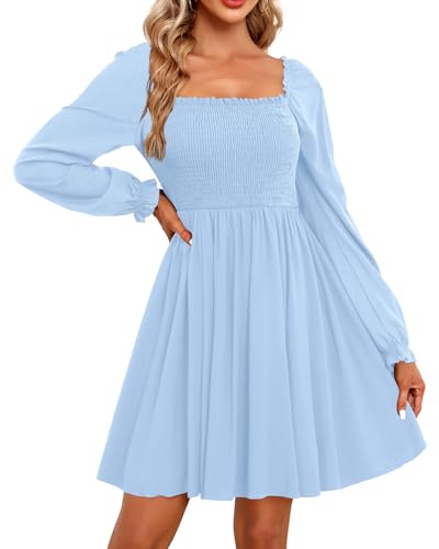 Image of Holipick Women's Casual Square Neck Smocked Dress Shirred Ruffle Puff Sleeve High Waist Cute Flowy A-Line Short Dress
