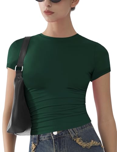 Womens Basic Short Sleeve Slim Fit T Shirts Soft Crewneck Crop Y2k Tees Summer Stretchy Cute Tops Dark Green S