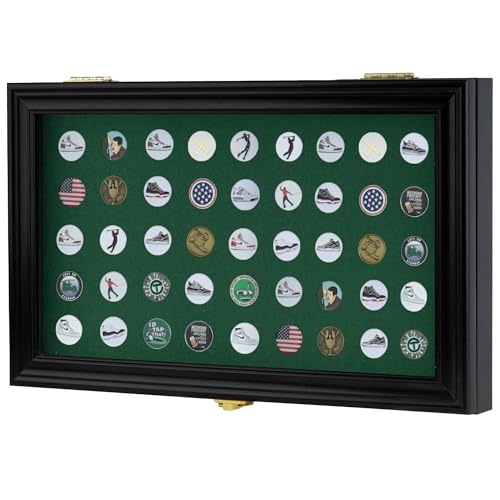 Image of 40 Golf Ball Marker Display Case Full Magnetic Backing 98% UV Acrylic Door Lockable Storage Box for Collectors (Black - Markers Display Frame)