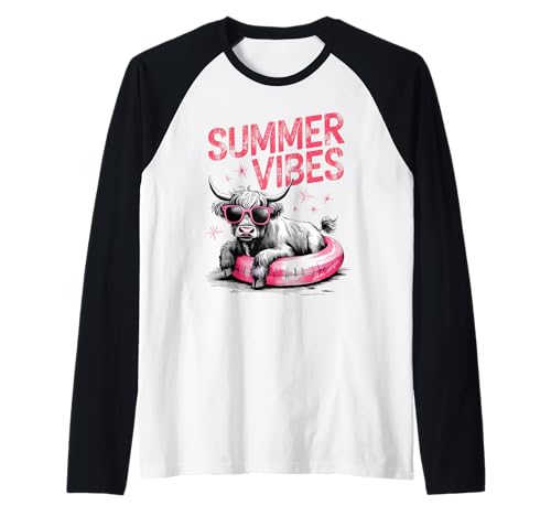 Divertidas gafas de sol de vaca de las tierras altas, anillo flotante de verano Camiseta Manga Raglan