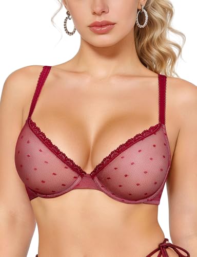 Image of Upushall Mesh Unlined Bras for Women Plunge Demi Lace Sexy Underwire Bra