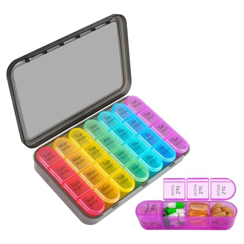 7 day Pill Box Organiser 4 Times Daily Medicine Storage Box,Cruxer Week Medication Tablet Organizer Moisture-Proof BPA Free Travel Dosette Box Dispenser Case to Hold Vitamins,Cod Liver Oil,Supplements