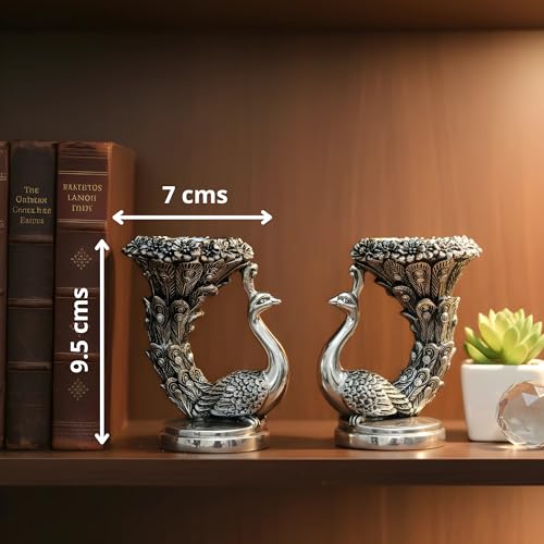 Image of 999 Pure Silver Plated Peacock Idol (Pack of 2) - 9.5 cm Height - Luxury Decorative Tabletop Showpiece & Candle Holder - Elegant Home Interior Decor Accents - Premium Gift Set