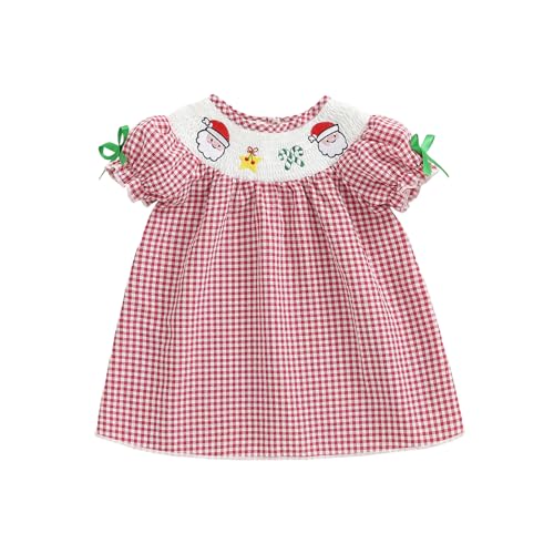 Toddler Baby Girl Christmas Dress Santa Embroidery Plaid Print Puff Sleeve Smocked Dresses Kids Christmas Clothes