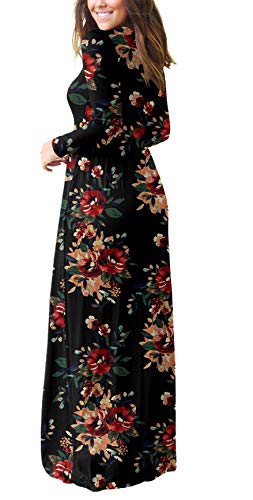 PCEAIIH Women's Long Sleeve Floral Printed Dress Loose Plain Maxi Dresses Casual Long Dresses with Pockets(FP-Brown Black M)