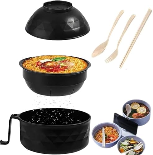 6 Pezzi Set Ciotola Ramen Giapponese con Coperchio, Ciotola per Ramen a Doppio Isolamento con Bacchette, Cucchiaio e Forchetta, Adatta per Microonde e Lavastoviglie, Adatto per Zuppe, Noodles(nero)