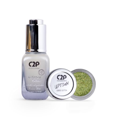 Image of C2P Pro Sparkle Duo Glitter and Glue Kit - Eyeshadow for Eye & Body Makeup | Waterproof, Quick-Drying for Stunning Shimmer Looks (Retro Green 22)