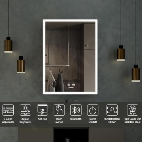 Image of Plantex 304 Stainless Steel Cabinet Mirror /Bathroom Cabinet Storage /LED Mirror Cabinet for Wall /Bathroom Organiser Cabinet -Chrome (19x27 Inch,Defogger & Bluetooth)