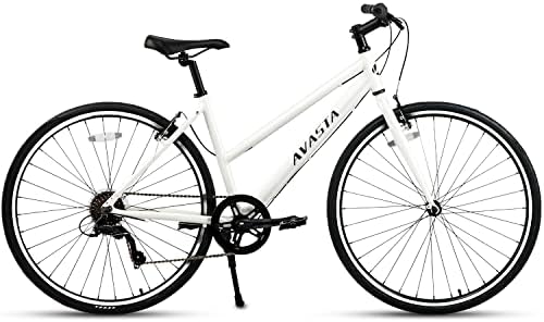 AVASTA Road Hybrid Bike for Women, Lightweight Step Throught 700c Aluminum Alloy Frame City Commuter Comfort Bicycle, 7-Speed Drivetrain, Color White