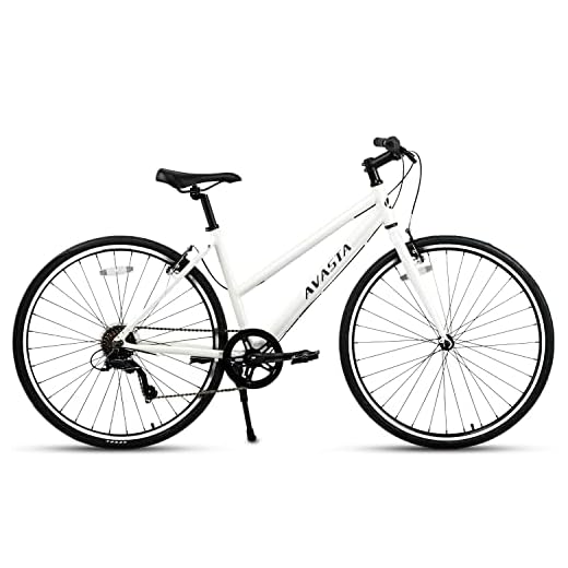 AVASTA Road Hybrid Bike for Women, Lightweight Step Throught 700c Aluminum Alloy Frame City Commuter Comfort Bicycle, 7-Speed Drivetrain, Color White