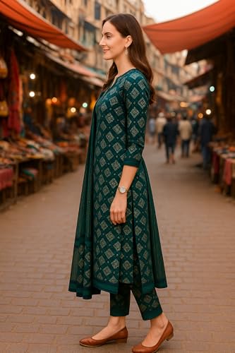 Image of Yashika Women's Cotton Blend Printed Kurta with Pant & Dupatta| Kurta with Pants and Dupatta Set