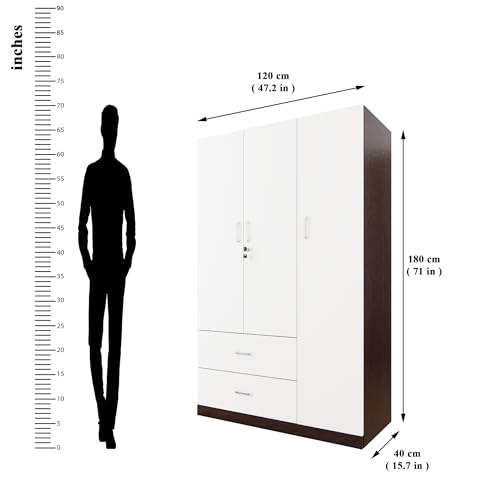 Image of VIKI Wardrobe | Wooden Almirah for Clothes,Door for Bedroom, 3 Door Wardrobe with Drawer & Hanging Space (Dark Wenge, Frosty White - 40D x 120W x 180H) | 1 Year Warranty | Free Assembly