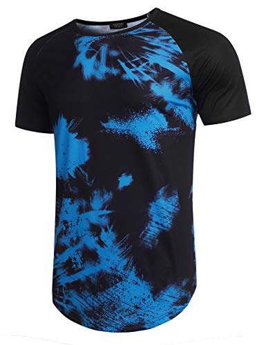 COOFANDY Mens Hip Hop Tie-Dyed Hipster Curve Hem T Shirt Round Neck Blue