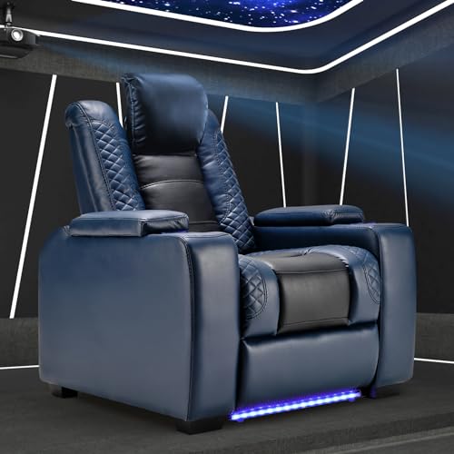 Image of ANJ Power Home Theater Seating Recliner chairs, PU Leather Recliner with Cup Holder, Electric Movie Theater Reclining Chairs with Adjustable Powered Headrest, Blue LED, Hidden Arm Storage (Black-Blue)