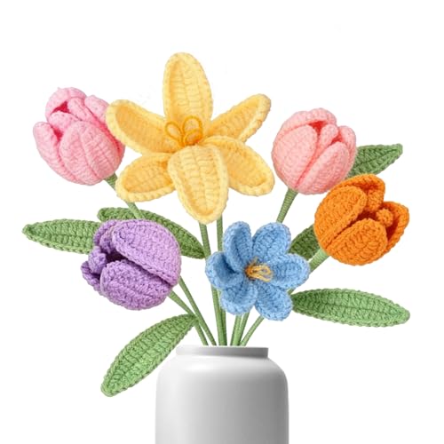 6 Piezas de Tulipanes de Ganchillo Coloridos, Flores Artificiales como un Ramo de Tulipanes Reales con Hojas,alféizares de Ventanas y Regalos de Bricolaje para mamá, Maestra.