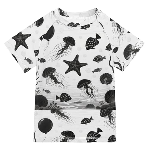 Black White Underwater Fish Short Sleeve Boy Bathing Suit Kids Swimsuits for Girls Rashguard Girls for 3-12 Years ropa de bano para ninas