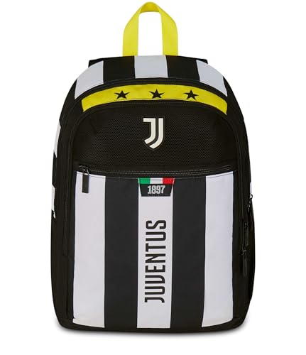 Seven Juventus Zaino Doppio Scomparto, Bianco e Nero, Tasca Frontale con Zip e Tasca per Borraccia, Bambino, Scuola Elementare, Calcio