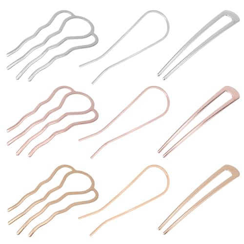 9 Horquillas Metal Francesas para Mujer, 3 Estilos Horquillas para el Pelo con Dientes y en Forma de U para Moños Horquillas para el Pelo con Peines para Peinar Cabello (Plata, Oro, Oro Rosa)