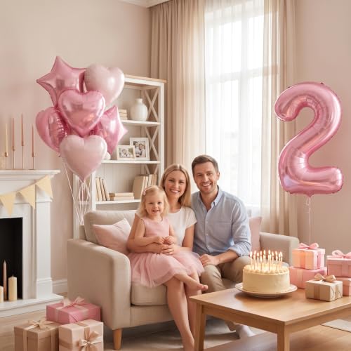 Image of TONIFUL 2nd Birthday Balloons Kit 40 Inch Pink Large Number 2 Foil Balloon | with 18 Inch Helium Foil Star Shaped Balloons for Girls Women Birthday Anniversary Graduation New Year Eve Party Decoration