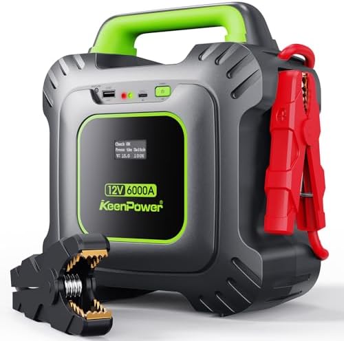 Close-up view of the KeenPower 6000A jump starter unit showing its compact design