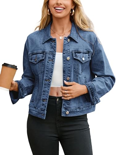 Image of Glamaker Womens Jean Jacket 2026 Basic Trendy Long Sleeve Denim Jackets Button Down Fitted Western Coat with Pockets