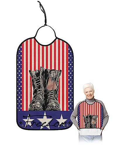 BOBOWUNY 4th of July Adult Bibs for Elder Women Men Eating, Waterproof & Washable Bibs for Eating Clothing Protector Dining Bibs for Crumb Catcher Patriotic Blue Star Red Striped Independence Day