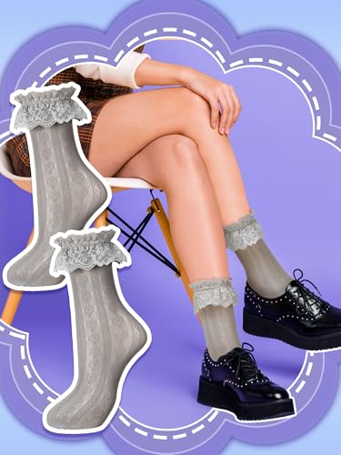8 Pairs Lace Socks Ruffle Frilly Ankle Women Cute Lolita Lace Trim Dress Socks for Accessories4
