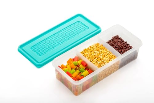 Image of MAGIC SPOON Multipurpose 3 Section Storage Container | Spice Box, Pickle Jar, Fridge Organizer, Dry Fruit, Vegetable & Kitchen Storage Container- Combo Pack (2000ml X 2) (AQUA-BLACK)