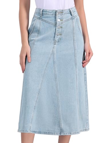 Allegra K Women's Casual Denim Skirts High Waisted A-Line Frayed Midi Skirt with Pockets
