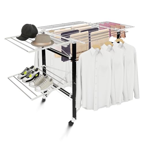 Todeco Séchoir à Linge, étendoir à Linge Pliant, Etendoir à 2 Niveaux aux Ailes Pliables, avec roulettes, 174 x 84 x 105 cm, Acier Inoxydable, Charge maximale 30kg