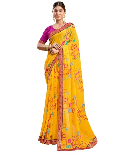 Image of SIRIL Women's Printed Chiffon Saree with Unstitched Blouse Piece