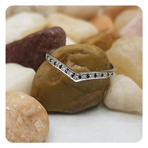 0.10 Carat (Ctw) 14K White Gold Plated Round Blue Sapphire & White Diamond Ladies Wedding Stackable Band Anniversary Guard Chevron Ring 1/10 CT2