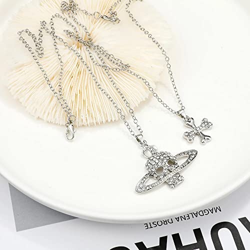 Kurtcb Gothic Rhinestone Saturn Necklace Anime Nana Planet Pendant Zirconia Cross Skull Punk Cool Layered Necklace For Women Girls Christmas Gift #TOP5