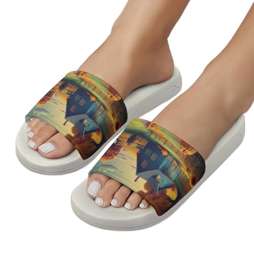 Pumpkin Country Scene Funny House Sandals Non Slip Shower Slippers Quick Drying Bathroom Shoes for Women Men 5