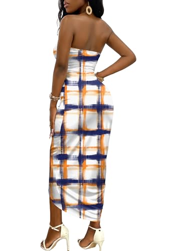 Image of Umenlele Women's Strapless Ruched High Waist Wrap Split Asymmetrical Beach Maxi Long Dress