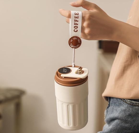 Image of Coffee Tumbler with Digital Temperature Display, 460 ml, 316 Stainless Steel, Vacuum Insulated, Leak-Proof Lid, Travel Mug, White Brown