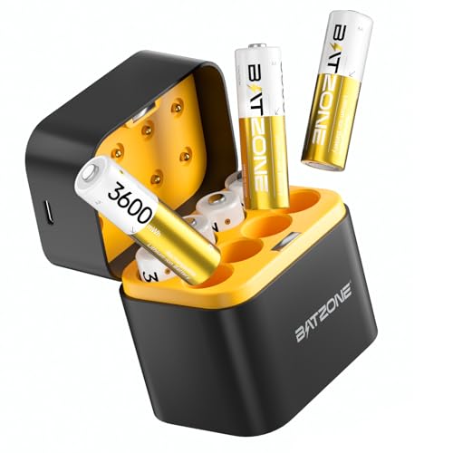 BATZONE Pilas Recargable AA de Litio con Cargador, 3600mWh Capacidad Alta Paquete de 8 Salida Constante de 1,5 V Pilas AA Recargables, Portátil Pilas Recargables para Ratón,Gamepad, Cámara