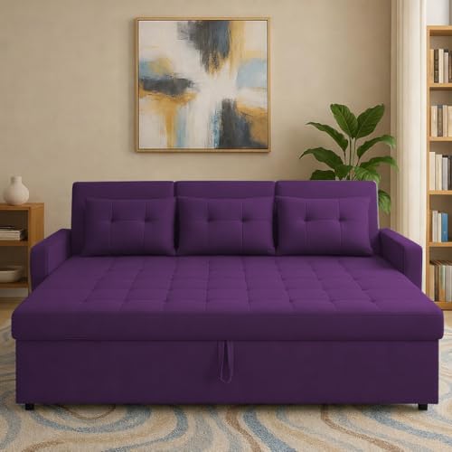 Image of Casaliving Treshta Seater Pull-Out Premium Fabric Sofa Cum Bed Sofa Set for Living Room Premium Fabric Sofa Set for Living Room Sofa Cum Bed (Purple, 3 Seater)