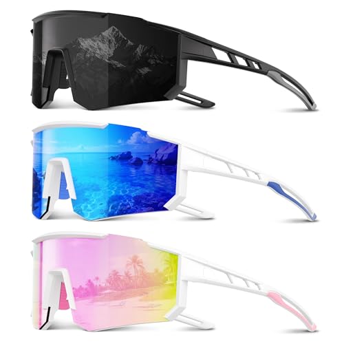 3 Pack Polarized Sports Sunglasses Men Women, Running Mens Sunglasses UV Protection for Baseball Cycling Fishing A03-grey/Ice Blue/Pink