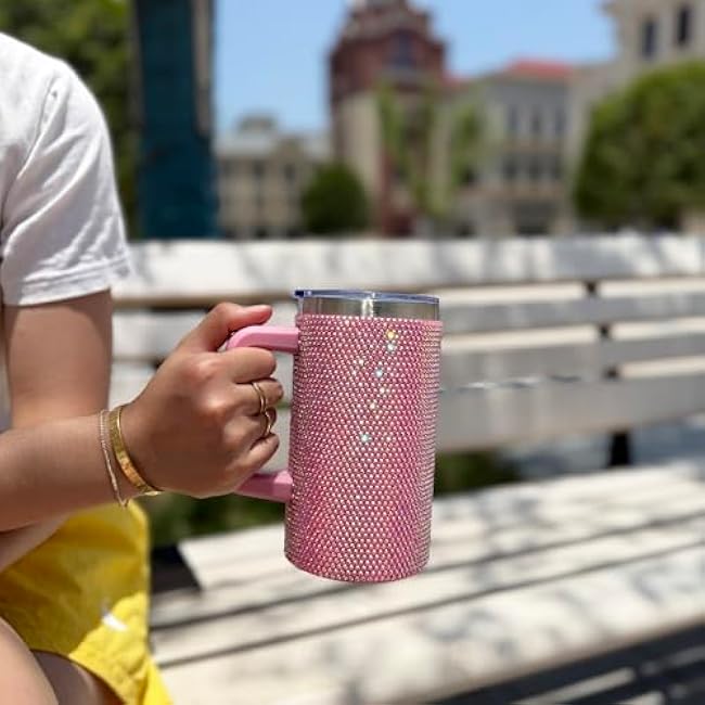 20oz Bling Tumbler With Handle Stainless Steel Rhinestone Insulated Cup with Lid and Straw Double Wall Vacuum Coffee Cup Reusable Glitter Travel Coffee Mug for Cold and Hot (Pale Pink)
